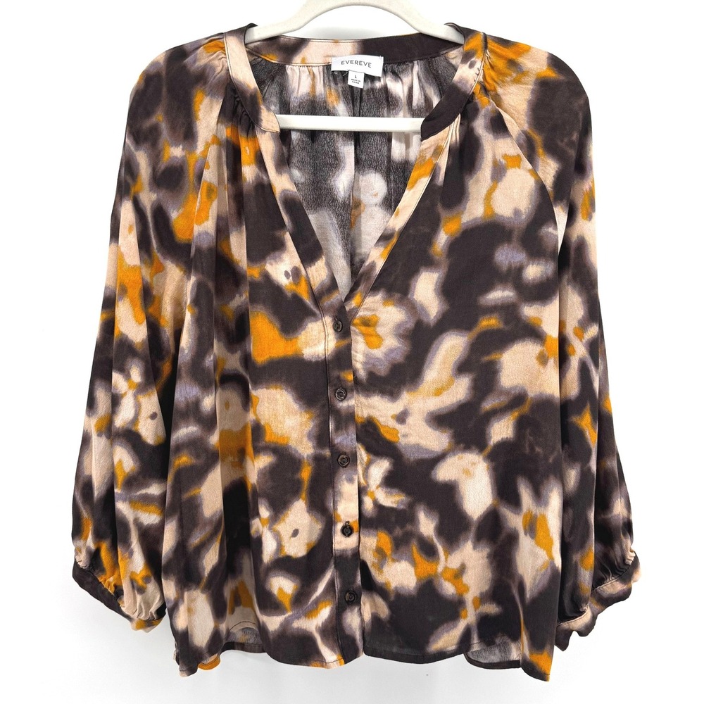 Evereve Blouse Women Large Brown Orange Top Autumn Boho Office Business Casual